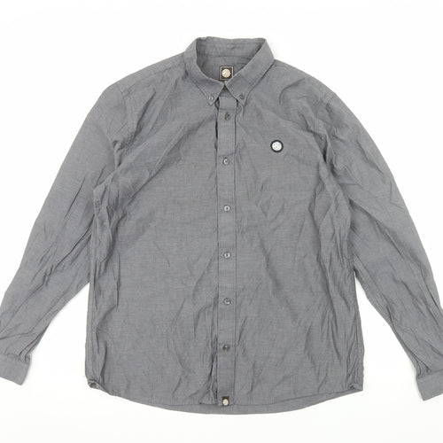 Pretty Green Men's Grey Long Sleeve Button-Down Cotton Shirt L