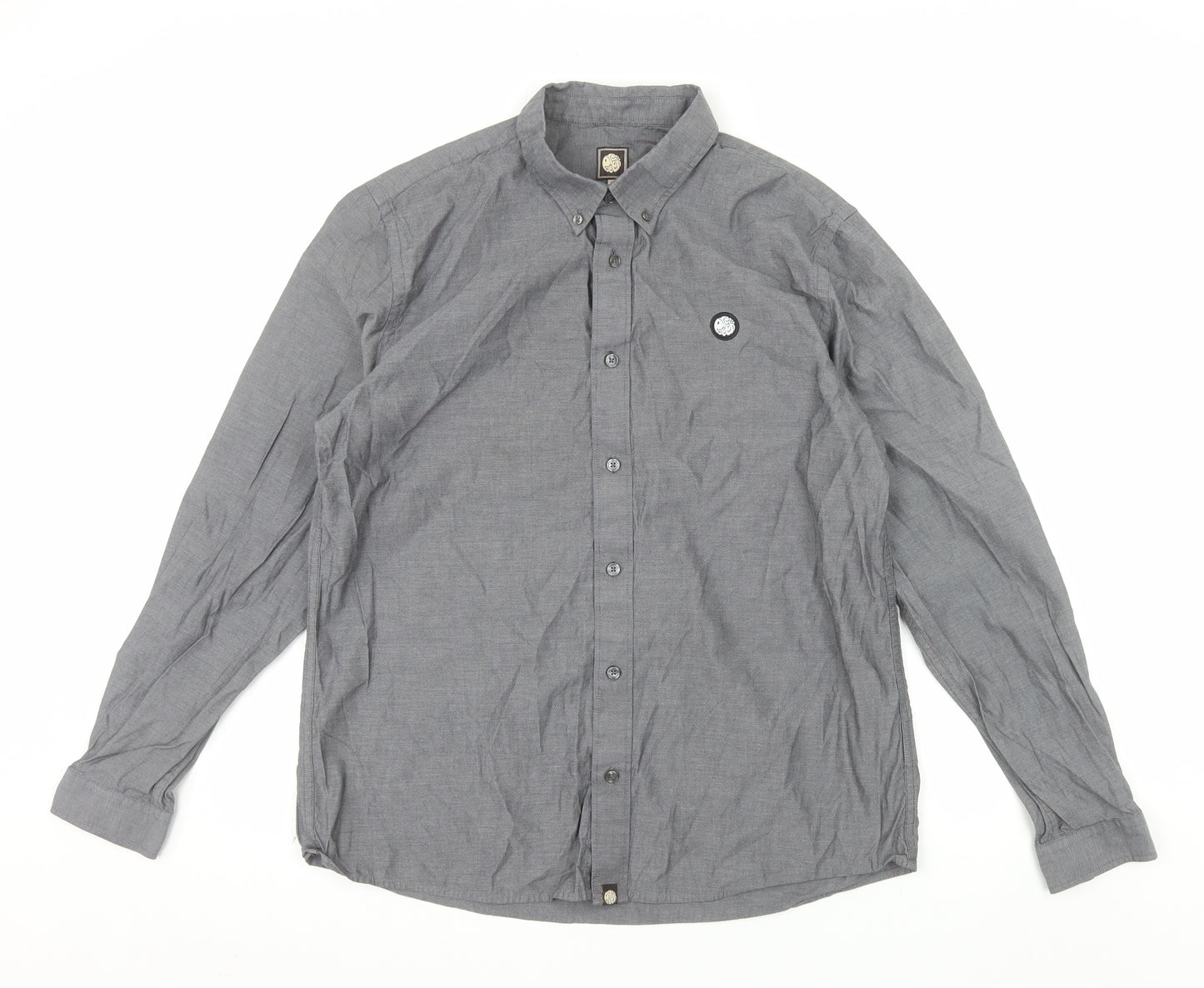 Pretty Green Men's Grey Long Sleeve Button-Down Cotton Shirt L