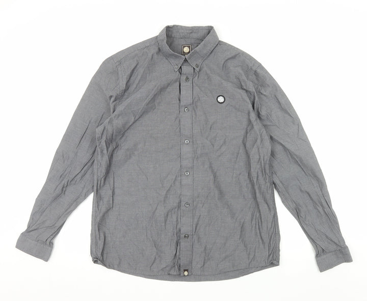 Pretty Green Men's Grey Long Sleeve Button-Down Cotton Shirt L