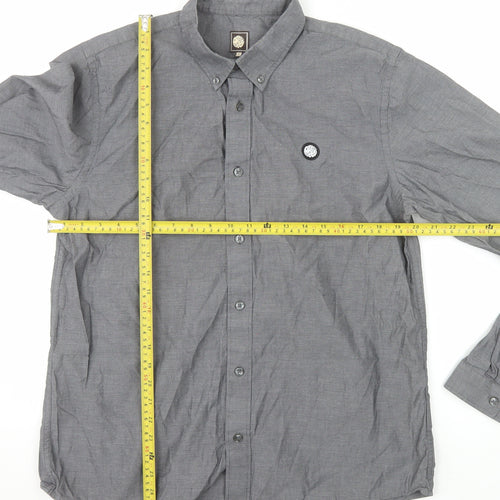 Pretty Green Men's Grey Long Sleeve Button-Down Cotton Shirt L