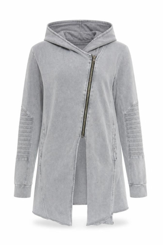 Front view of H&M Divided Women Grey Longline Full Zip Hoodie, size S, Cotton Blend