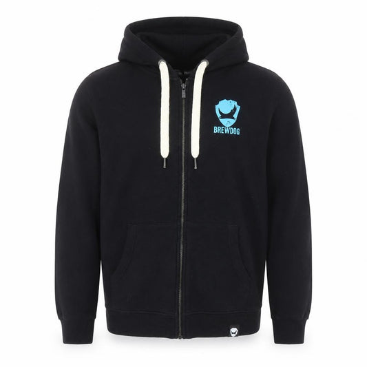 Front view of BrewDog Men's Black Full Zip Hoodie Small Beer Logo Sweatshirt