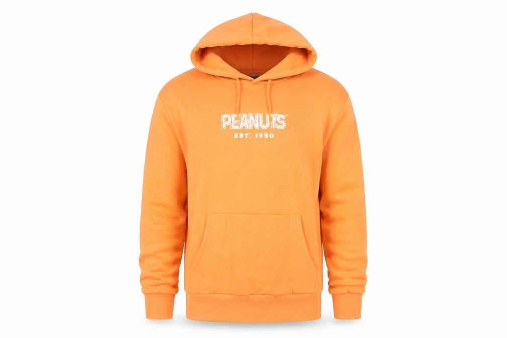 Front view of Peanuts Men’s Orange Pullover Hoodie Small Cartoon Graphic