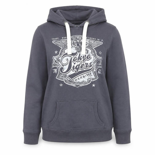 Front view of New Look Vintage Edition Women Grey Tokyo Tigers Pullover Hoodie, size 14
