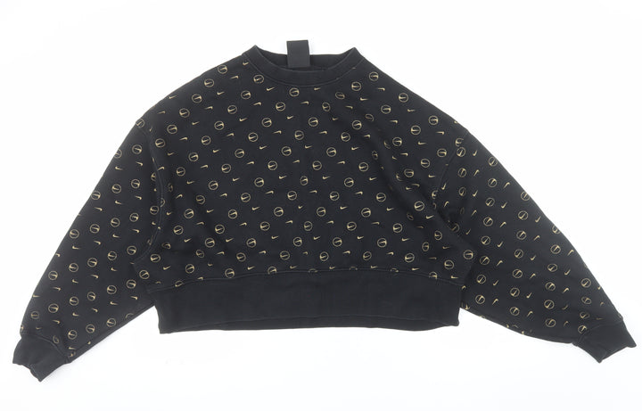 Nike Women Black Gold Logo Loose Fit Pullover Sweatshirt Size S