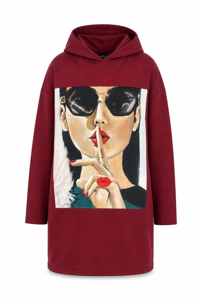 Select Womens Burgundy Hooded Tunic Sweatshirt Size M Graphic Print