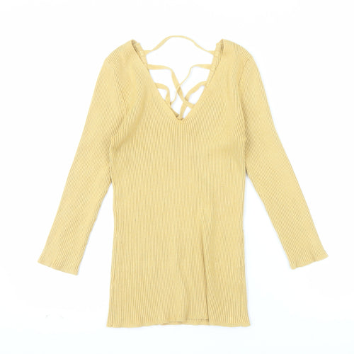 Le Château Women's Yellow Ribbed Knit V-Neck Strappy Long Sleeve Blouse Size S