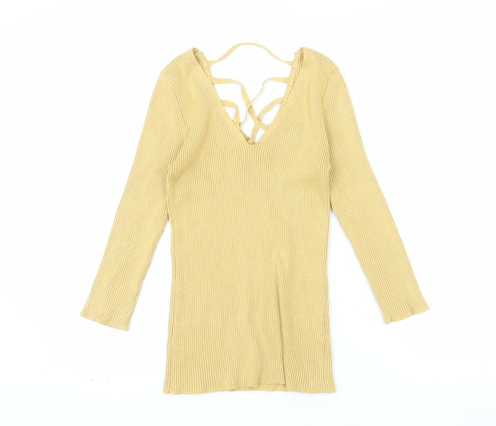 Le Château Women's Yellow Ribbed Knit V-Neck Strappy Long Sleeve Blouse Size S