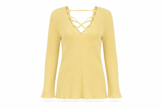 Front view of Le Château Women's Yellow Ribbed Knit V-Neck Strappy Long Sleeve Blouse, size S