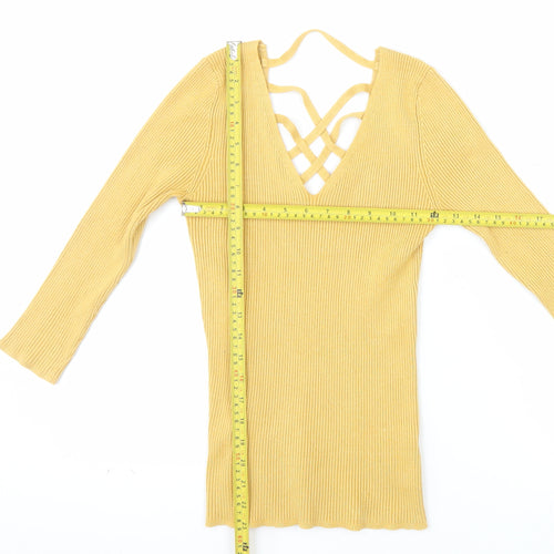 Le Château Women's Yellow Ribbed Knit V-Neck Strappy Long Sleeve Blouse Size S