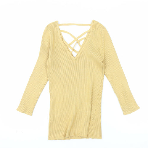 Le Château Women's Yellow Ribbed Knit V-Neck Strappy Long Sleeve Blouse Size S