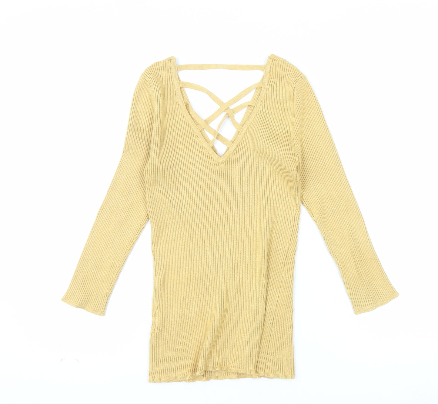Le Château Women's Yellow Ribbed Knit V-Neck Strappy Long Sleeve Blouse Size S