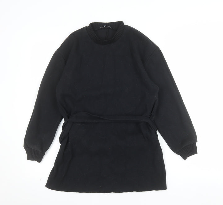 Zara Women Black Belted Shift Dress Size S Long Sleeve Classic