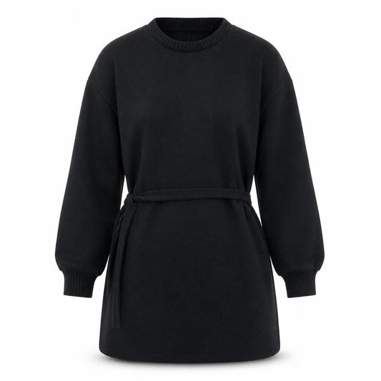 Front view of Zara Women Black Belted Shift Dress, size S, Long Sleeve Classic