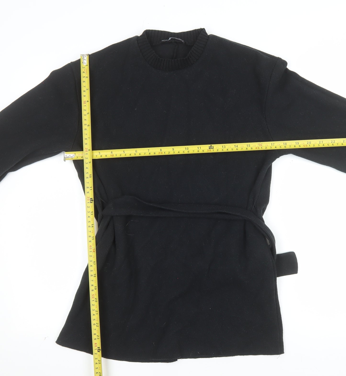 Zara Women Black Belted Shift Dress Size S Long Sleeve Classic