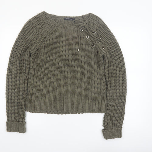 Brave Soul Women Green Chunky Knit Lace-Up Pullover Jumper Size S