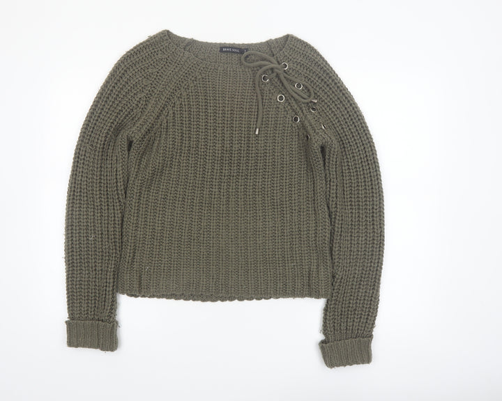 Brave Soul Women Green Chunky Knit Lace-Up Pullover Jumper Size S