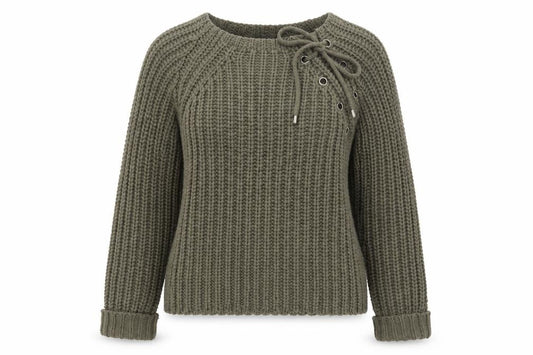 Front view of Brave Soul Women Green Chunky Knit Lace-Up jumper, size S