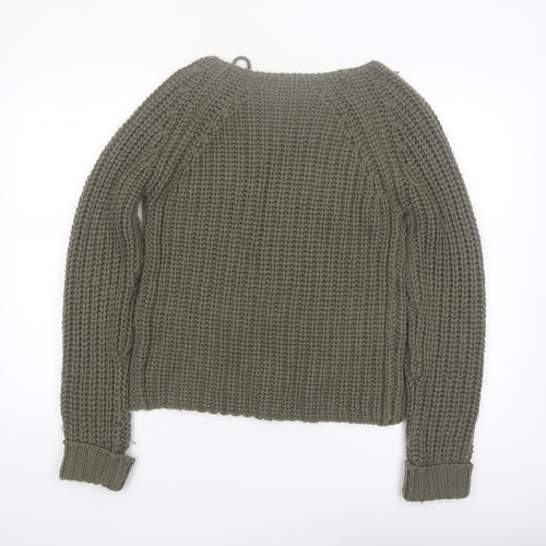 Brave Soul Women Green Chunky Knit Lace-Up Pullover Jumper Size S