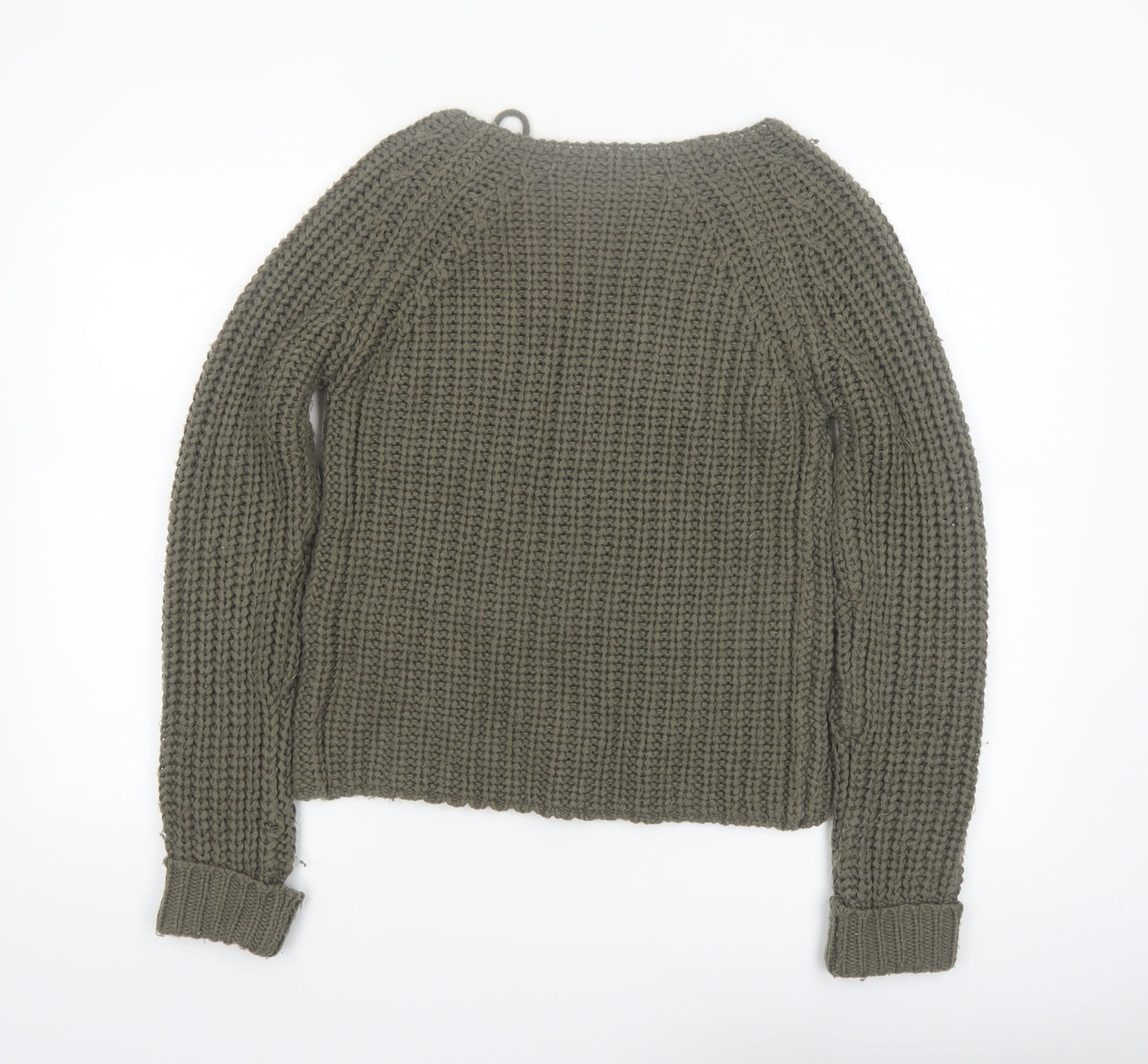 Brave Soul Women Green Chunky Knit Lace-Up Pullover Jumper Size S