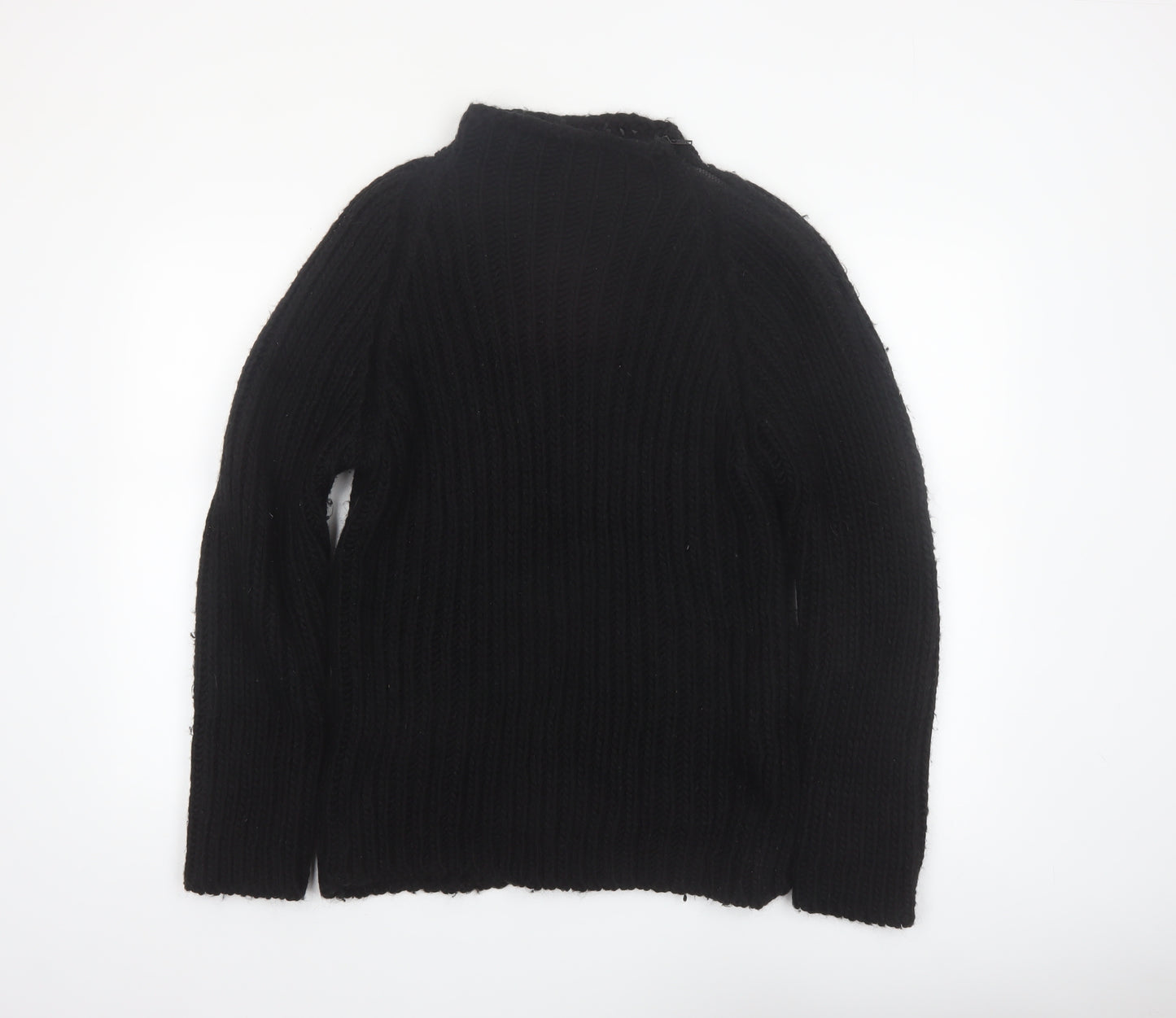 Zara Women Black Wool Blend Mock Neck Chunky Knit Pullover Jumper Size 14
