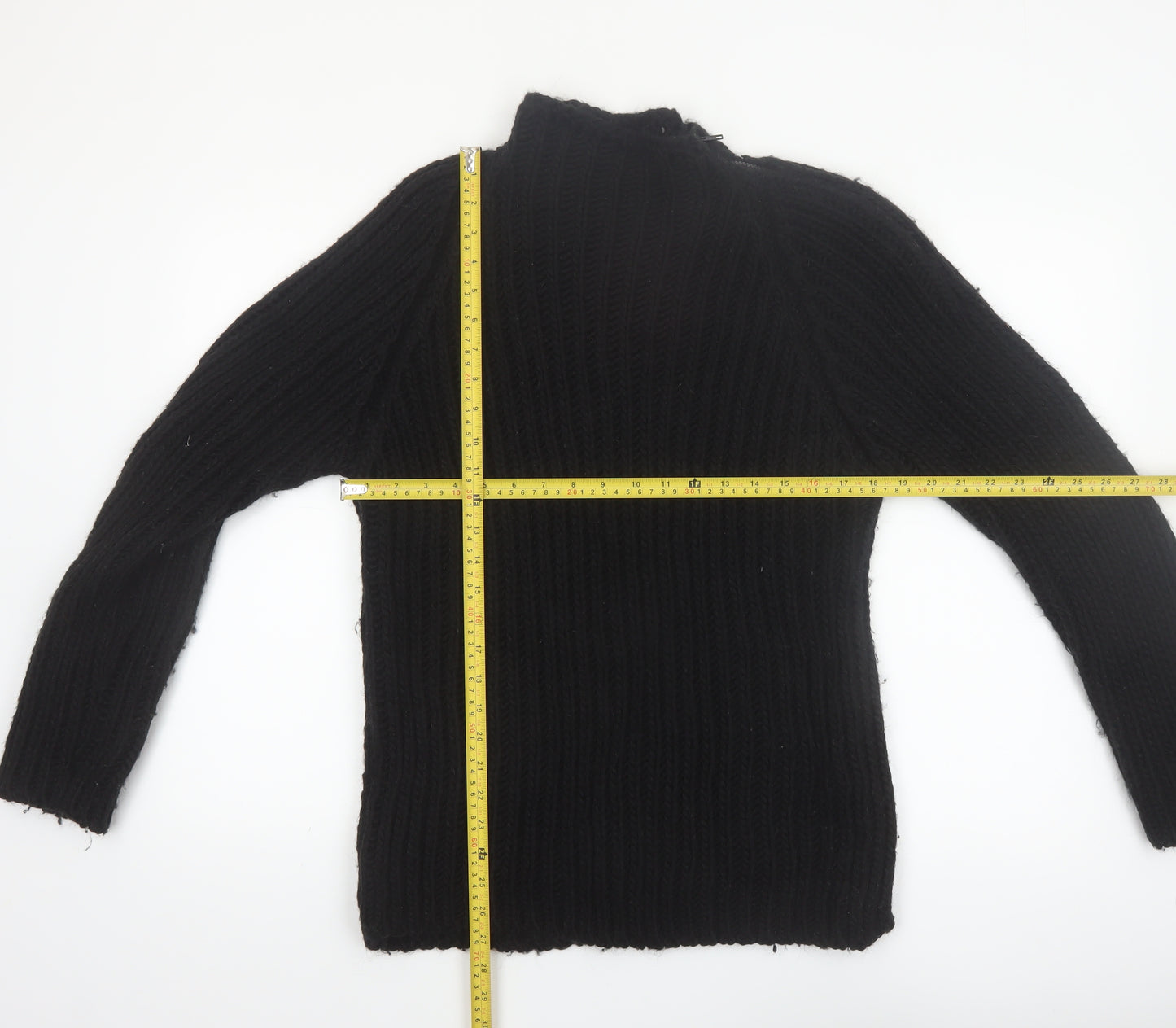 Zara Women Black Wool Blend Mock Neck Chunky Knit Pullover Jumper Size 14