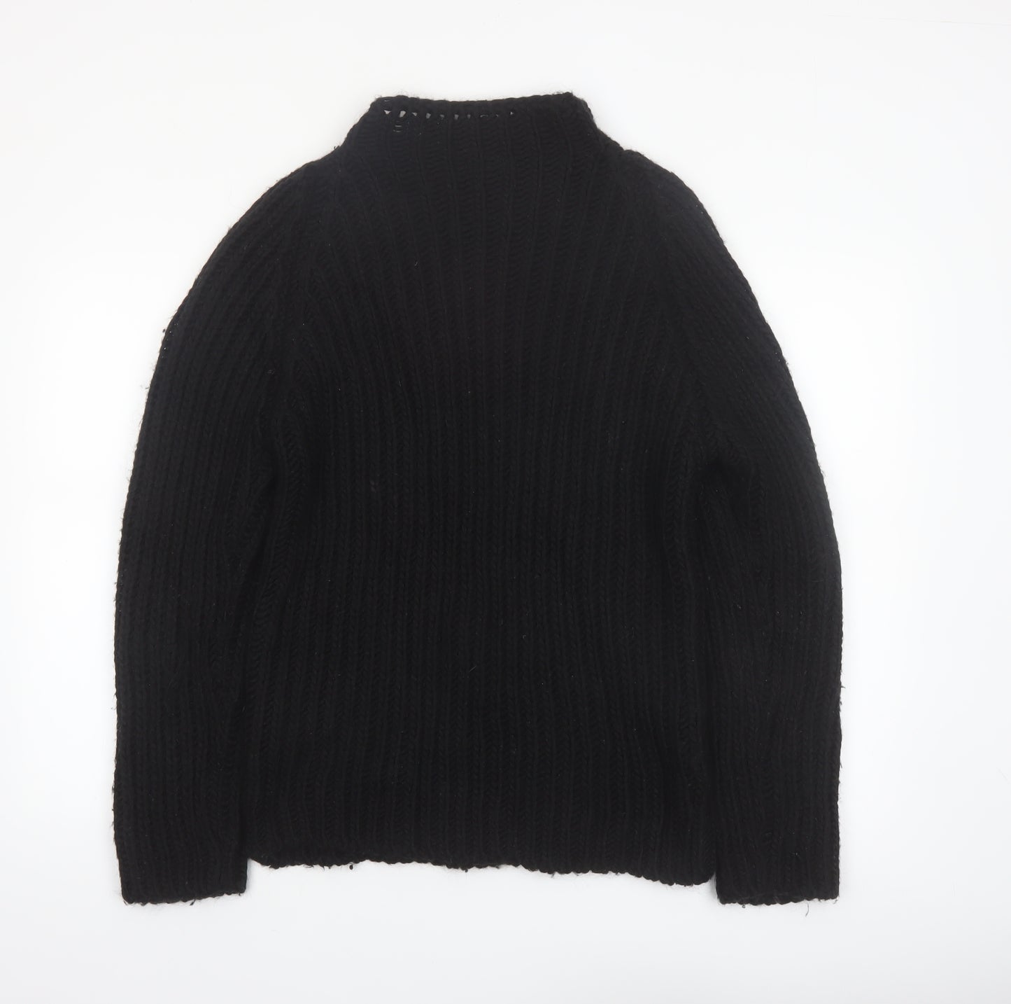 Zara Women Black Wool Blend Mock Neck Chunky Knit Pullover Jumper Size 14