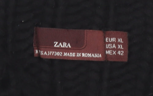 Zara Women Black Wool Blend Mock Neck Chunky Knit Pullover Jumper Size 14