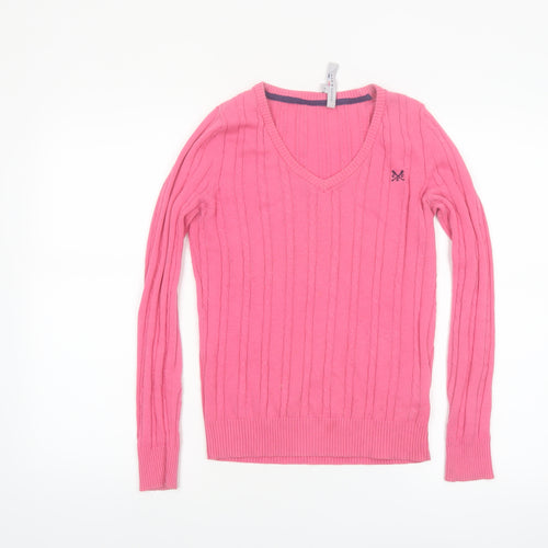 Crew Clothing Co Women Pink Cable-Knit V-Neck Jumper Size 8 Cotton