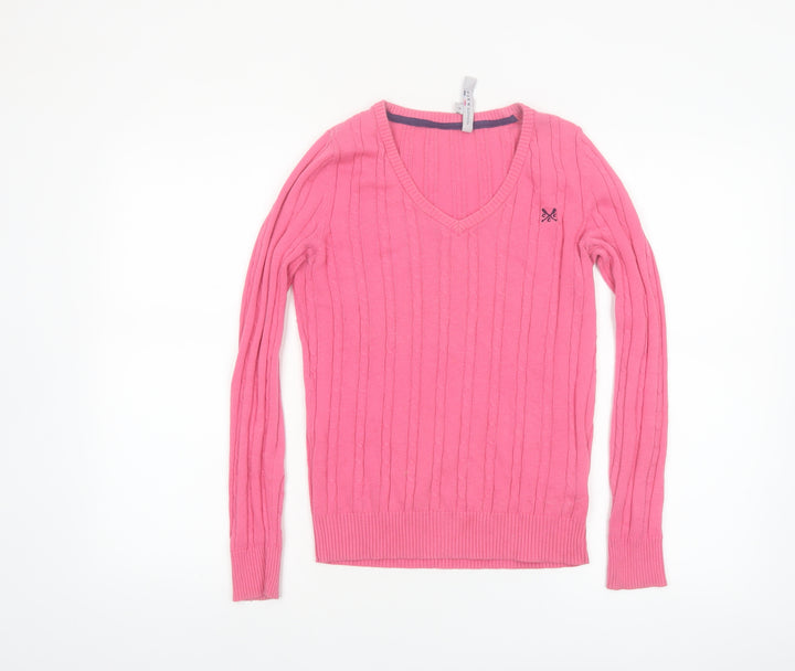 Crew Clothing Co Women Pink Cable-Knit V-Neck Jumper Size 8 Cotton
