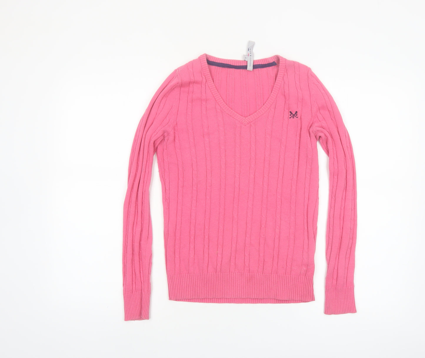 Crew Clothing Co Women Pink Cable-Knit V-Neck Jumper Size 8 Cotton