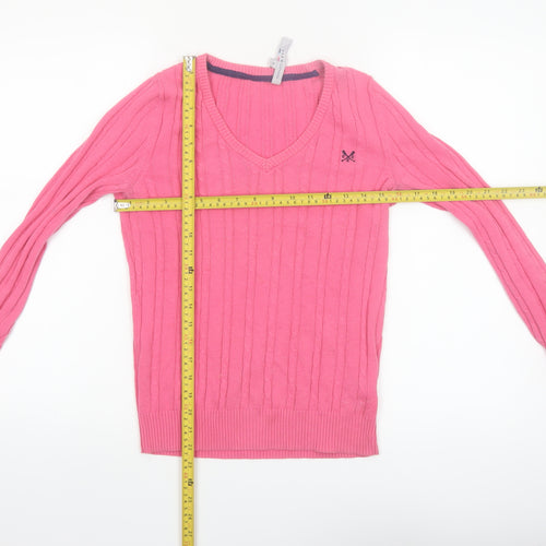 Crew Clothing Co Women Pink Cable-Knit V-Neck Jumper Size 8 Cotton