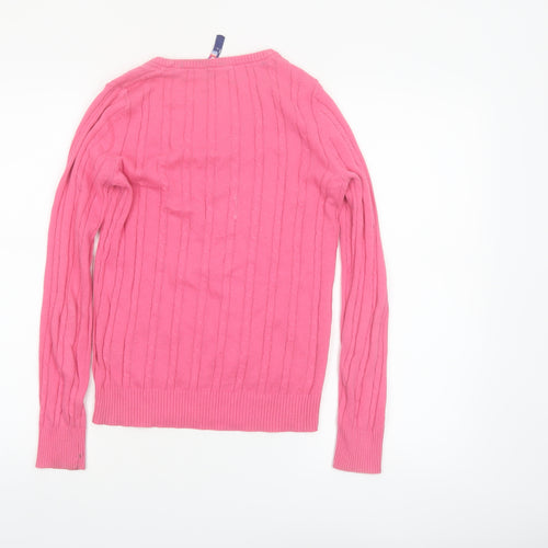 Crew Clothing Co Women Pink Cable-Knit V-Neck Jumper Size 8 Cotton
