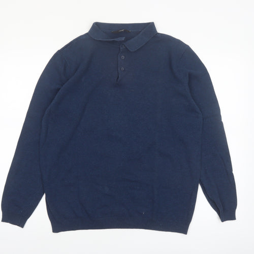 George Mens Blue Collared Henley Cotton Jumper Size L