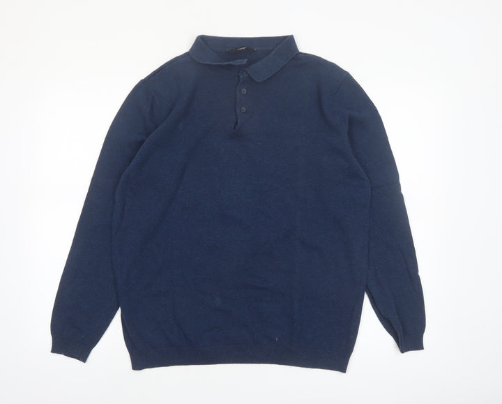 George Mens Blue Collared Henley Cotton Jumper Size L