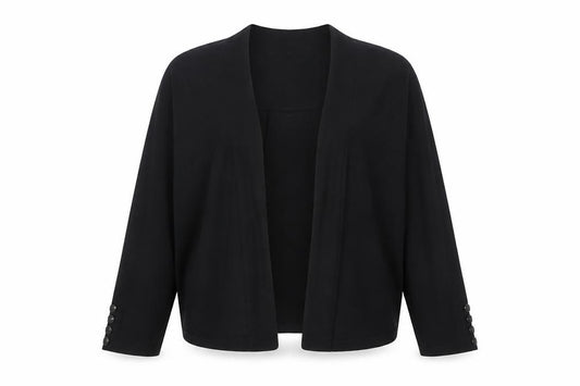 Front view of Wallis Women’s Black Knit Open Cardigan L 3/4 Sleeve Lightweight