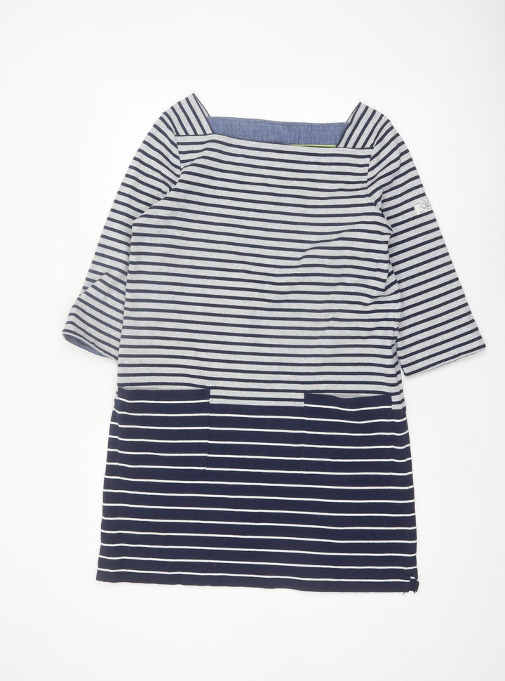 Joules Women Blue Striped Cotton Shift Dress UK 12 3/4 Sleeve Nautical