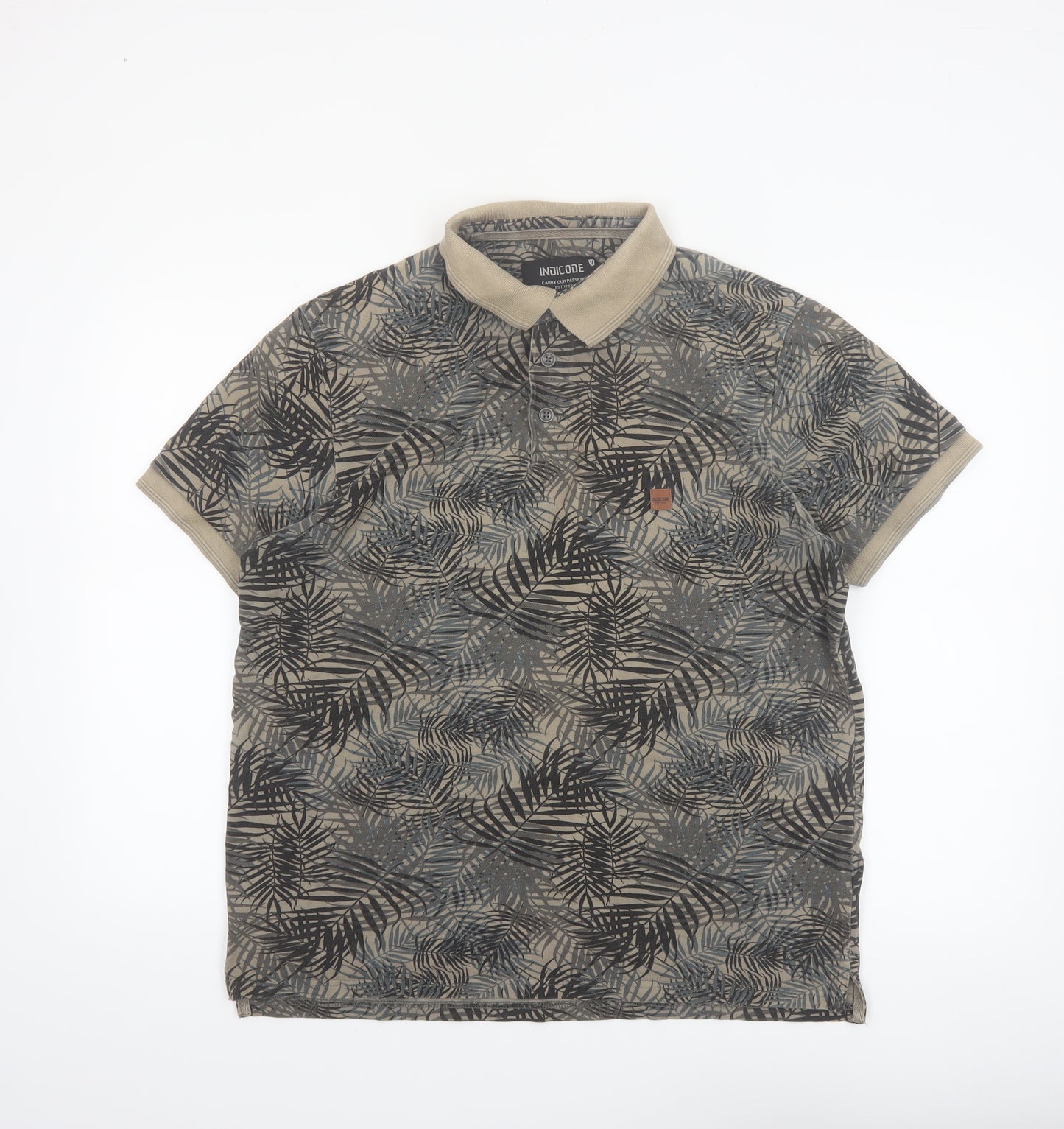 Indicode Men’s Beige Tropical Leaf Print Polo Shirt Size L