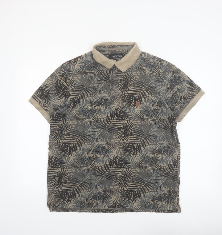 Indicode Men’s Beige Tropical Leaf Print Polo Shirt Size L