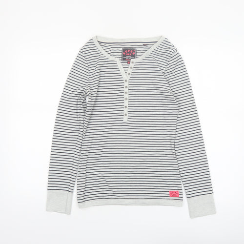 Superdry Women White Striped Henley Long Sleeve Jersey Top S