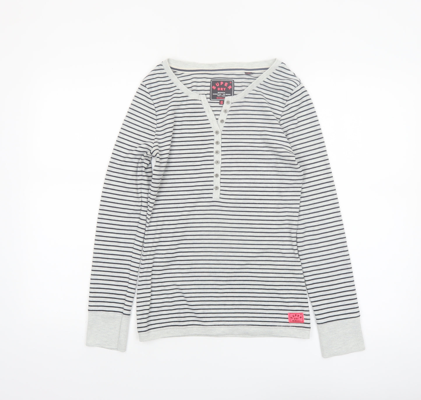 Superdry Women White Striped Henley Long Sleeve Jersey Top S
