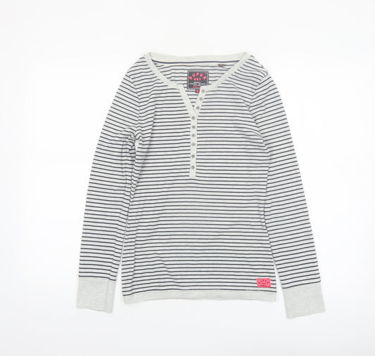 Superdry Women White Striped Henley Long Sleeve Jersey Top S