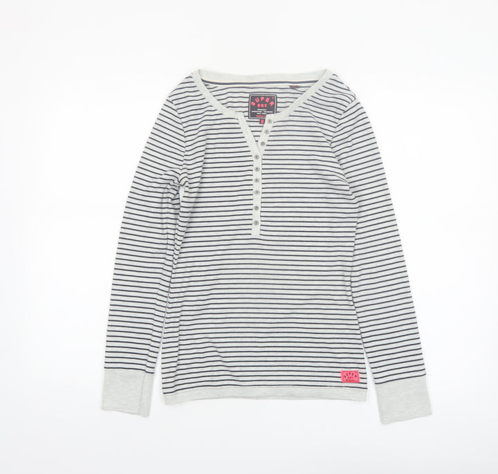 Superdry Women White Striped Henley Long Sleeve Jersey Top S