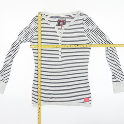 Superdry Women White Striped Henley Long Sleeve Jersey Top S