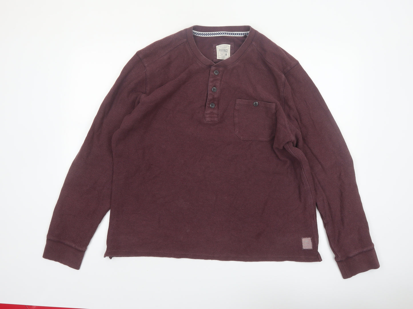 FatFace Men's Brown Cotton Long Sleeve Henley XL Regular Fit
