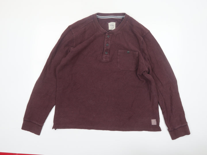 FatFace Men's Brown Cotton Long Sleeve Henley XL Regular Fit