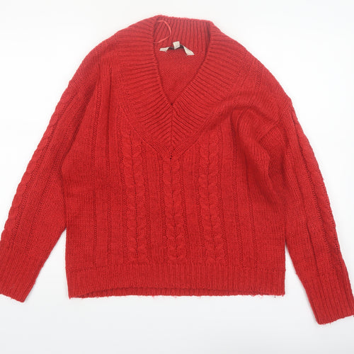 Amara Reya Women's Red Cable-Knit V-Neck Jumper Size 10