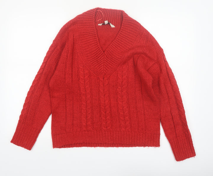 Amara Reya Women's Red Cable-Knit V-Neck Jumper Size 10