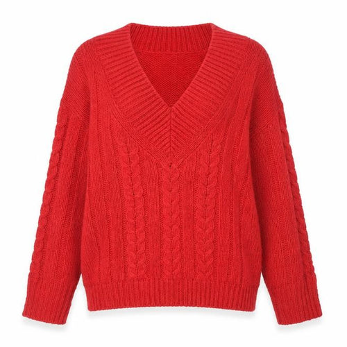 Amara Reya Women's Red Cable-Knit V-Neck Jumper Size 10