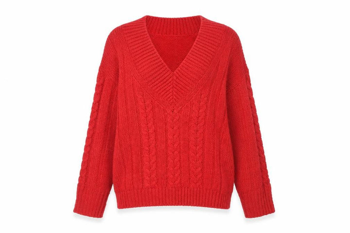 Amara Reya Women's Red Cable-Knit V-Neck Jumper Size 10